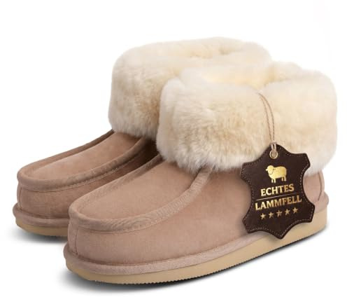 Rohn Moden Lammfell Hausschuhe für Damen und Herren – Puffin – Warme Hausschuhe mit Schaffell & rutschfester EVA-Sohle – Winter Pantoffeln für zuhause – Slipper gefüttert - Braun