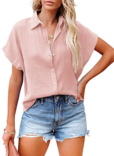 MAVIS LAVEN Kurzarm Bluse Damen, Baumwolle Hemdshirt, Button Down Tunika Sommershirt