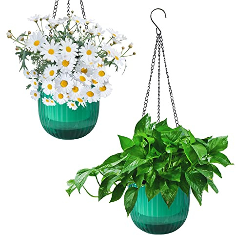 YuanDiann Hängend Blumentopf 2er Set, Selbstbewässernder Baumwollseil Hängepflanztopf Blumenampeln zum Aufhängen für Pflanzen Innen, Auße Grün ø16.5cm x 15cm