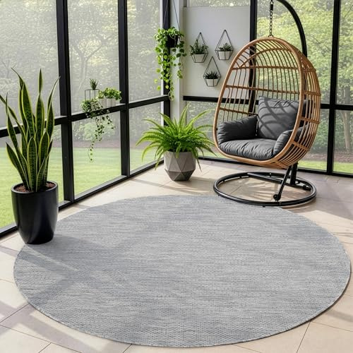 Outdoor Teppich Wetterfest Einfarbiges Design Terrasse Balkon Teppich Rund Küche Garten Sisal-Look Küchenteppich Läufer Flur, Größe: 160 cm Rund, Farbe: Silber
