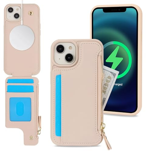 SailorTech iPhone 14 Etui mit Kartenhalter, iPhone 14 Hülle mit Reißverschluss Kartenfach Geldbörse für iPhone 14 Handyhülle Lederhülle - Beige
