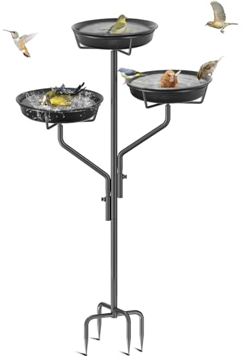 Giyiprpi Vogeltränke Vogelbad Vogelbecken Wassertränke Tränke Stecker Eisen, Metall Vogelbad für Wassertränke Mit 3 Vogelskulpturen, Vogelbad Futterstelle für das Blumenbeet oder (Schwarz)