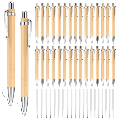 HEKOBAG 30 Stück Bambus Kugelschreiber Set mit 20 Ersatzminen – Einziehbare Druckkugelschreiber in Schwarz & Blau für Büro, Schule, Haushalt