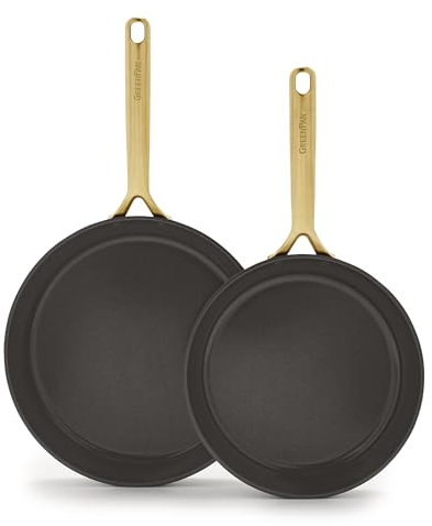 GreenPan 9.5” & 11” Ceramic Nonstick Frying Pan Skillet Set, PFAS-Free, Hard Anodized Cookware, Induction Compatible & All Cooktops, Dishwasher & Oven Safe, GP5 Stay-Flat Surface, Black