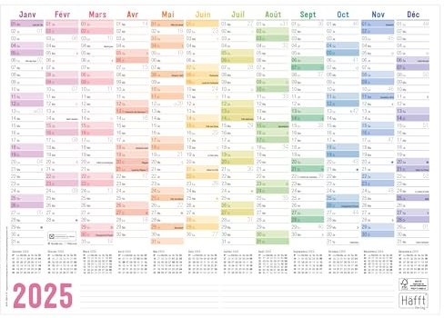 Häfft® Wandkalender 2025 A3 auf Französisch (42 x 29,7 cm) gefalzt Rainbow, Wandplaner mit französischen Feiertagen + extra A4-Kalender - nachhaltig & klimafreundlich