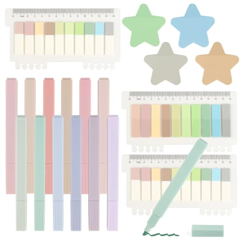 jwogngls 800 Stück Haftnotizen, 12 Stück Textmarker Pastell, Wasserdichte Sticky Notes für Büro, Schule, Zuhause, Notizen, Lesezeichen