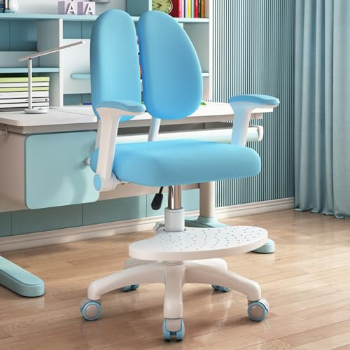 Kinder Schreibtischstuhl, schreibtischstuhl kinder,ergonomischer Jugendstuhl mit Rückenlehne & drehbarer Fußablage,Kindertisch Verstellsitz mit Radverriegelung Geeignet für das tägliche Lernen (Blau)