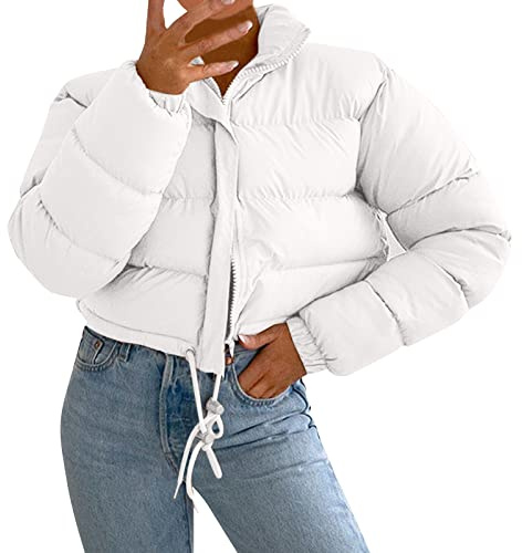 Vinterkappa dam varm elegant – quiltad kappa dam lätt vinterjacka ståkrage kort kappa smal passform varm fodrad quiltad jacka med justerbar dragsko övergångsjacka vinter bekväm, Vit, L