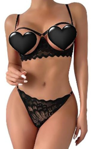 KFLY Women Lace Lingerie Set Sexy Floral Bra and Thong 2 Piece Hollow out Underwear Embroidery Push up Nightwear (Black, L)