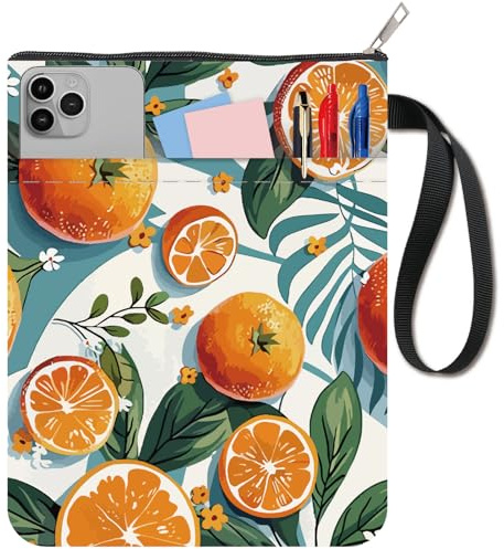 CRASPIRE Orangefarbene Buchumschläge Mit Obstmotiv Buchschutz Buchhülle Für Taschenbücher Waschbarer Buchumschlag Aus Stoff Mit Reißverschluss Und Zusätzlicher Hüllentasche Für Buchliebhaber Geschenke