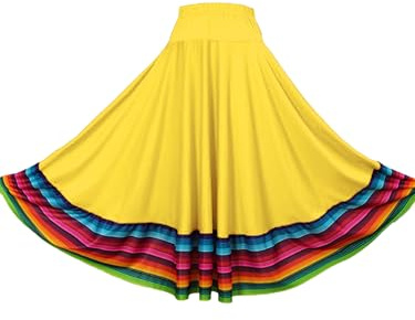 CHICTRY Maxigonna di Danza del Ventre Donna Gonna a Ruota Intera Gonne Lunghe con Strisce Colorate Gonna da Flamenco Tango Ballo da Sala Danza Folcloristica Giallo 75cm A XXL