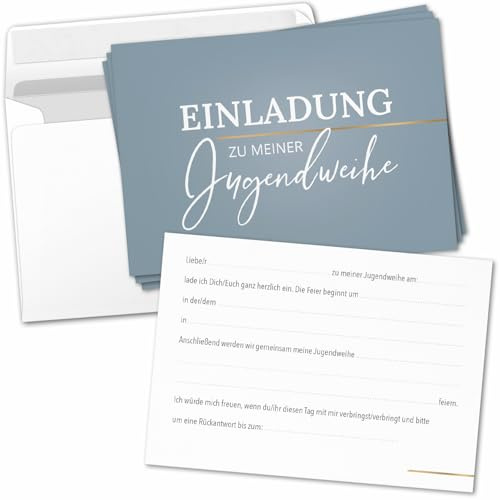 8 Einladungskarten Einladung Jugendweihe mit Umschlag zum selber ausfüllen - Jugendfeier Einladungen Postkarten Umschläge Edel Grau Blau