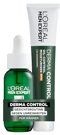 L'Oréal Men Expert Pflegeset gegen unreine Haut für Männer, Geschenkset mit Serum und Gesichtscreme, Geschenke für Herren mit Niacinamide und Salizylsäure, Derma Control, 1 x 30 ml, 1 x 40 ml