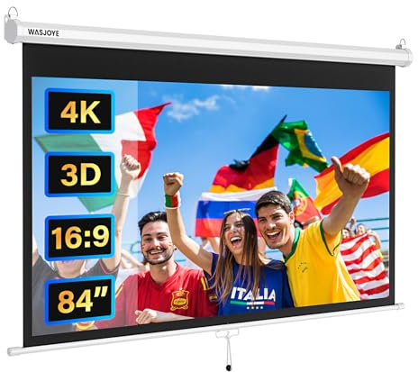 WASJOYE Manuale Telo Proiettore Avvolgibile - Universale 84 Pollici Roll-Down Schermo Proiettore Retrattile w/Auto-Locking, Projector Screen Altezza dello Schermo Regolabile, Bordo Nero Maschera