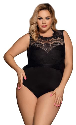 ohyeahlady Spitzenbody Schwarz Damen Sexy Body Ärmellos Elegant Curvy Blusenbody Große Größen Outfits Spitze Oberteile Tank Tops Bodysuit Teddy One Piece Dessous mit Druckknöpfe Sommer Schwarz,XXL