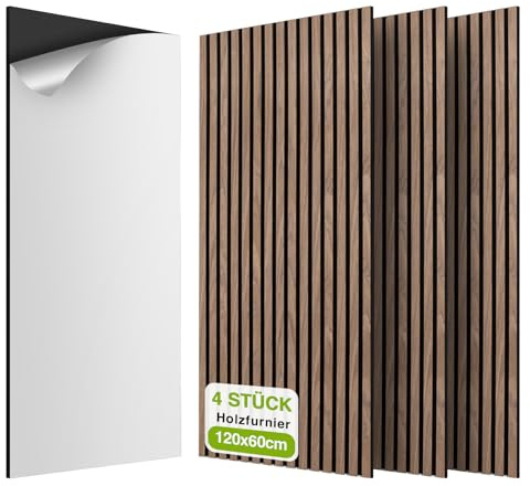 AKK-STAVE Akustikpaneele Holz 2,88m² 120x60cm 4er Set 3D Wandpaneele Holzoptik - schallabsorbierende Wandverkleidung Akustik paneele, selbstklebend für Wohnzimmer und Schlafzimmer (4# Walnuss)