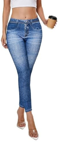 Gellmall Women's Denim Look Leggings High Waist Jeggings with Pockets Elastic Jeans Women Long Skinny Trousers Yoga Trousers S-XL, blue, M