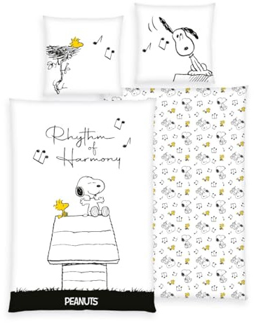 Herding Peanuts Bettwäsche glatt Rhythm of Harmony Snoopy Woodstock 100% Baumwolle 135 x 200 cm und 80 x 80 cm - All-In-One-Outlet-24 -