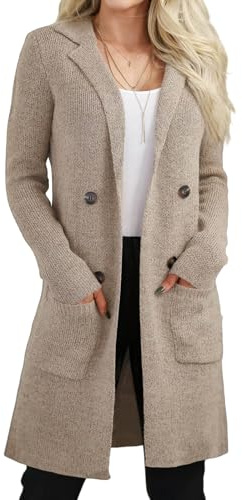 VIMPUNEC Women's Open Front Long Cardigan Sweater Fall Casual Knit Jacket Coatigan with Pockets Apricot S