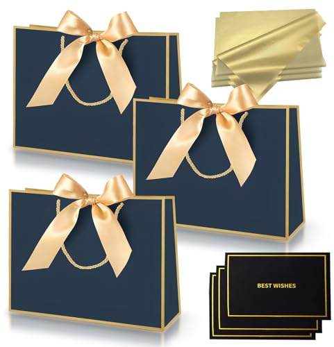 Geschenktüten,3 Stück Marine Gold Papier Geschenktüten mit Griffen,mit 3 Schleifenbändern 3 Grußkarten 6 Seidenpapier,Verpackung Geschenke für Geburtstag,Hochzeit,Festivalfeier,Weihnachten,Party Weiß