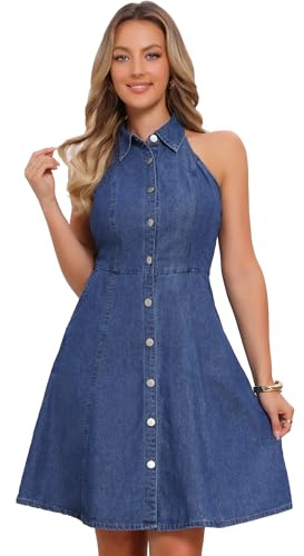 Allegra K Donna Abiti in Denim Jeans Leggeri, Abiti con Scollo all'Americana e Bottoni Blu XL