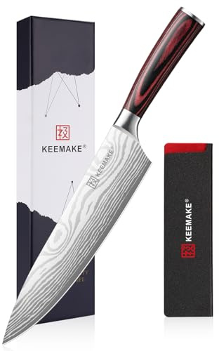 KEEMAKE Chef Knife 8 Inch Sharp Kitchen Knife | Chefs Knife Forged High Carbon Stainless Steel Professional, Laser Pattern Design Chef’s Knife Pakkawood Handle with Sheath