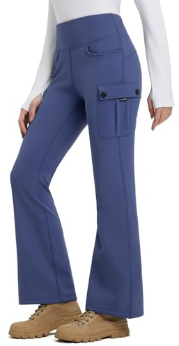 baleaf Women's Fleece Lined Pants Winter Warm Snow Flare Leggings Thick Cargo Bootcut Ski Thermal Insulated Waterproof Hiking Navy Blue L