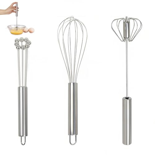 Balloon Whisk, 3 Pcs Stainless Steel Whisk Set, Stainless Steel Kitchen Whisks Manual Hand Whisks Hand Push Mixer Stirrer Tool for Cooking Whisking Blending Beating Stirring Baking