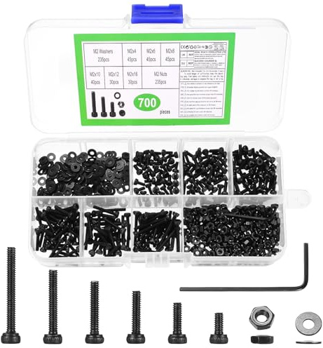 700 Pz Viti M2, Kit di Bulloni e Dadi, Set di Viti a Testa Cilindrica con Esagono Incassato Nero, Vite a Testa Cilindrica in Acciaio Inossidabile e Rondelle per Riparazione Macchine