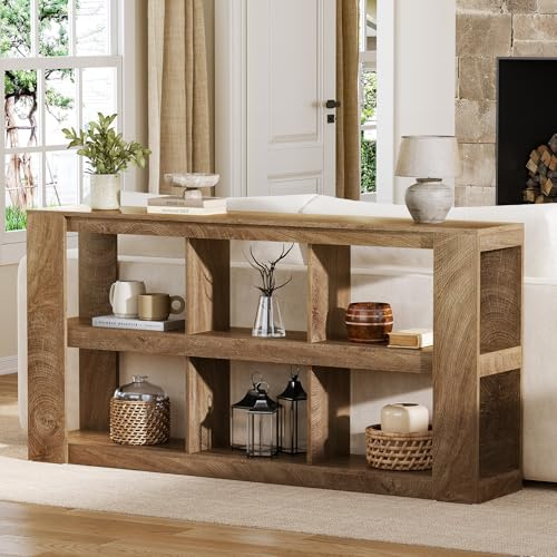 Tribesigns Table console étroite à 3 niveaux - 160 cm - Table d'appoint avec 6 étagères cubiques - Pour salon, couloir, entrée, hall - Marron rustique