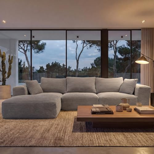 Mendler Sofa-Garnitur HWC-P20, 3-Sitzer Couch Loungesofa, Stoff/Textil Cord (370 g/m²) Liegefläche Links - hellgrau