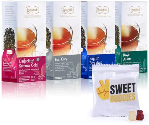 Ronnefeldt Schwarztee 4er Mix Probierset – 60 Teebeutel + Fruchtgummis 10g | Bio Darjeeling, Earl Grey, English Breakfast Tea & Assam, Eleganter Tee mit köstlichem Aroma
