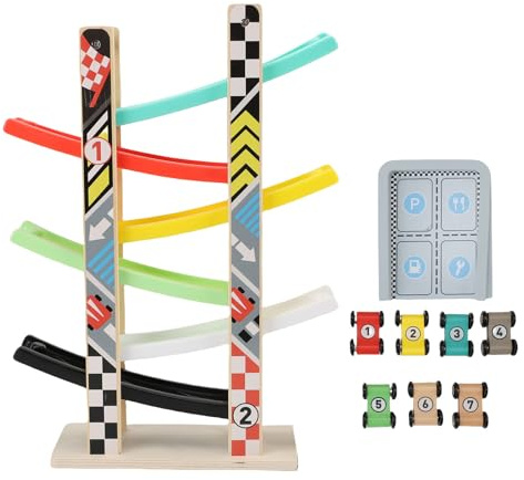 Generic Träbilrampleksak, 6 Ramper Racerbanaleksak för Småbarn med Parkeringsplats, Ljus Färgdesign för Att Förbättra Handens ögonkoordination och Finmotorik