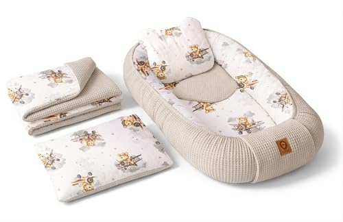 Babynest Nestchen Baby Set für Neugeborene – 5-teilig – Kuschelnest aus 100% Baumwolle & Waffelpique – Babykokon tragbar – für Babybett, Kinderbett & Kinderwagen – OEKO-TEX - Flugzeuge und Sand