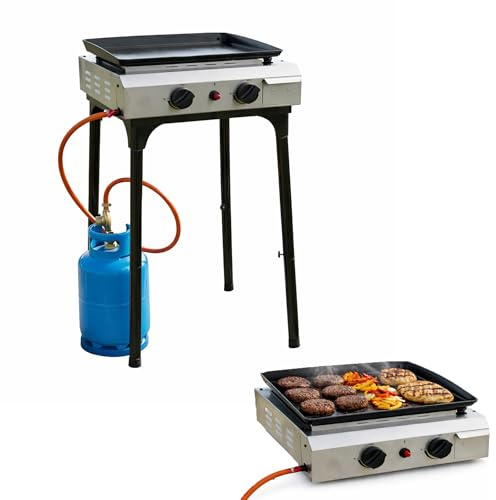 SOLEILUX Fornello Barbecue a Gas 2 Bruciatori H.92cm con Plancha Smaltata – Utilizzabile con Piedistallo o da Appoggio, Accensione Piezo, Piastra Rimovibile e Lavabile, Vassoio Raccogli Grasso