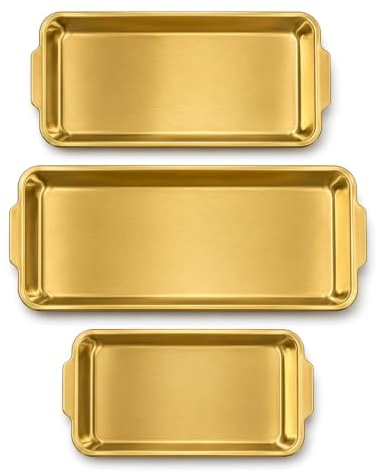 FERNVALE Stainless Steel Serving Tray 3-Piece Set Rectangle Platter with Rounded Edges Food Storage BBQ Baking Pan for Pastry Fruit Dessert Appetizer Indoor Outdoor Entertainment Party Gold