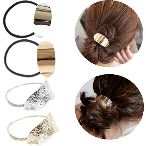 PPX 4 Stücke Pferdeschwanz Halter für Frauen Mädchen, Leaf Armband Seil Metall Elastische Haarsträhnen Wickelseil Damenkopf Accessoires Geschenk