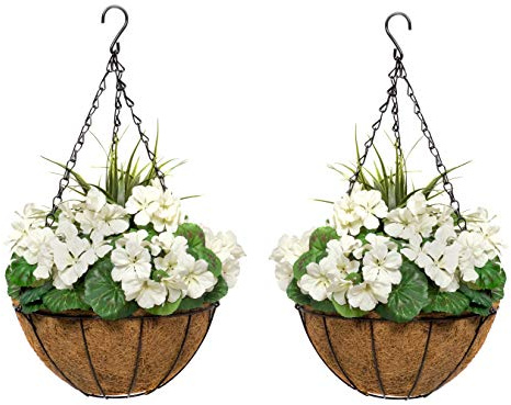 GreenBrokers 2 cestas Colgantes Artificiales Redondas de Coco con geranios Blancos (Juego de 2), 52 cm