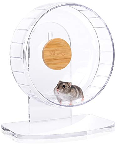 Niteangel Supertysta Hamsterhjul, tysta löparhjul för hamstrar som snurrar tyst med justerbart stativ, för hamstrar, mongolisk ökenråttor, möss och andra smådjur (storlek S, transparent)