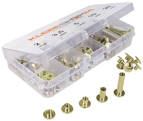 KLEBESHOP24 Buchschrauben Sortimentsbox vermessingt | Set mit verschiedenen Größen von 2 bis 20 mm Füllhöhe