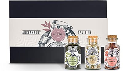 Ankerkraut Geschenk-Set Tea Time, mit Sencha Rosengarten, Ingwer Frische und Gebrannte Mandeln, grüner Tee, Kräutertee, Früchtetee in Deluxe Box mit Banderole