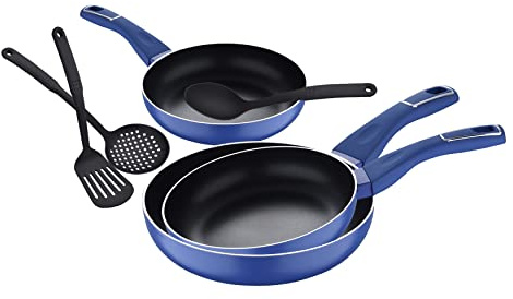 San Ignacio Índigo | Sartenes Antiadherentes | Set de 3 Piezas con 3 Utensilios de Cocina | Fabricadas con Aluminio Prensado | Juego de Sartenes de 20, 24 y 28cm de Diámetro| Para Todo Tipo de Cocinas