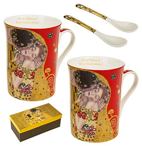 Queen Isabell Lot de 2 tasses à café avec cuillère pour deux Pérons Le Baiser de Gustav Klimt Rouge Idée cadeau en porcelaine 250 ml