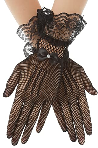 Netzhandschuhe schwarz Halloween Kurze Lace Gloves Damen Fishnet Gloves Spitzenhandschuhe Blumenspitzen Handschuhe Schwarz Sonnenschutz Handschuhe Damen Hochzeits Dinner Party 1980er Partykleidung