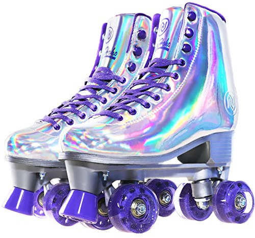 JajaHoho Roller Skates for Women, Holographic High Top Classic Rollerskates, Shiny Double-Row Glitter Four Wheels Quad Skates for Girls, Age 3-50, Indoor &Outdoor (Size 9, Silver Purple)