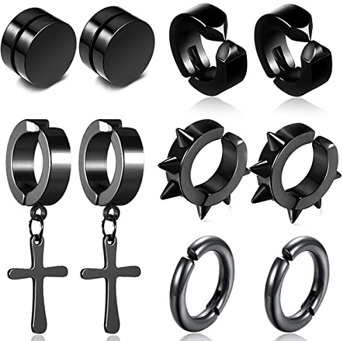 Aretes Magnéticos, 5 Pares, XiXiRan Pendientes Hombre Acero Inoxidable Aro, Pendiente de Aro de Cruz No Perforant, Pendientes Hombre Cruz, Juego de Aretes Unisex, Punk-Retro, No Piercing (5 pares)