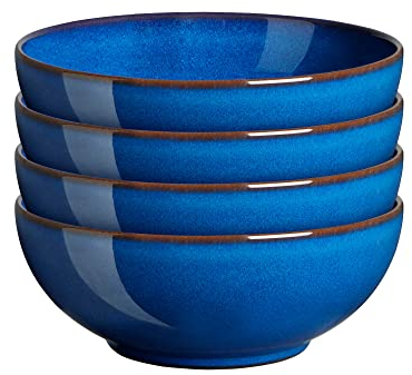 Denby - Imperial Blue Cereal Bowls Set of 4 - Dishwasher Microwave Safe Crockery 820ml 17cm - Royal Blue Ceramic Stoneware Tableware - Chip & Crack Resistant Coupe Soup Bowls