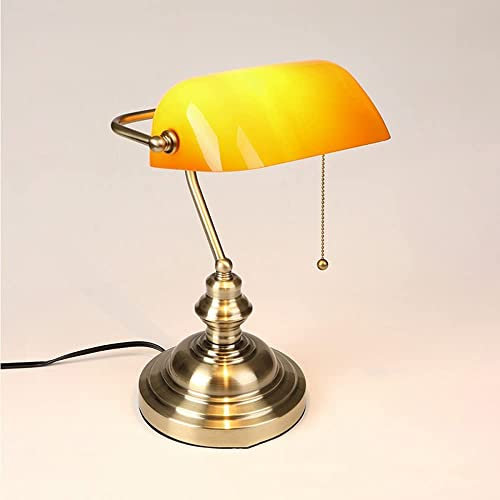 rétro vert Lampe de banquier avec interrupteur à tirette, lampe de bureau vintage Tiffany, Lampe de chevet banquier, abat-jour en verre vert Ø23cm, finition laiton, H36cm, E27 MAX40W (orange)