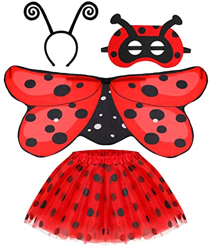 Hifot 4 pièces Costume de Coccinelle pour Enfant Filles, Déguisement de Coccinelle Ladybug Tutu Jupe Ailes Baguette et Serre-tête pour Halloween Carnaval Cosplay