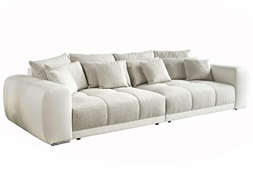 Big Sofa XXL 306x134 cm, Lounge Couch mit hochwertiger Federkernpolsterung, viele Kissen, Liegefläche 120x240 cm, Korpus Kunstleder Weiß und Bezug Strukturstoff Grau Beige / 15113